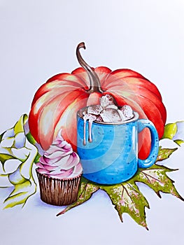 Hot Cocoa with Marshmallows and Raspberry Cupcake photo
