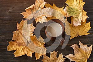 Cup of hot cocoa on wooden background amid autumn leaves. Coffee with milk and autumn leaves