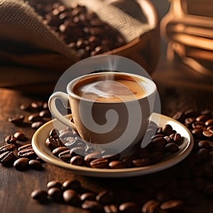 Cup of hot coffee with beans on wooden table