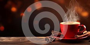 Cup of hot coffee on brown background with Christmas light bokeh. Banner with copy space for text