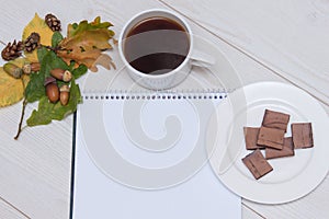 Cup of hot coffee, chocolate, autumn leaves, acorns, knitted scarf, pumpkin, notebook on a white background. Top view, flat