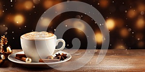 Cup of hot coffee with cinnamon and spices on wooden table at Christmas light bokeh. Banner with copy space for text