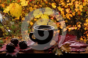 Cup of hot coffee and drops on the window