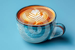 Cup with hot coffee with pattern on blue background.