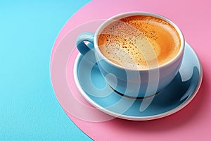 Cup with hot coffee with pattern on blue and pink background.