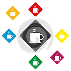 Cup of hot coffee on a saucer, a set of square colorful icons