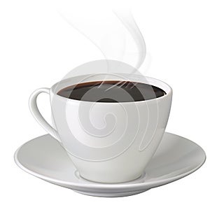 Cup of hot coffee with steam and saucer