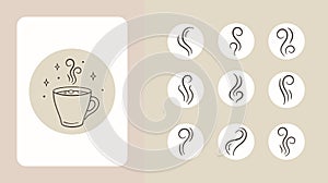 Cup of hot coffee with steam. Vector set of smoke, steam, vapour illustration
