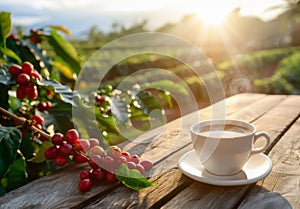 cup of hot coffee on table with red coffee beans and plantation on sunny day as background