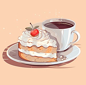 Cup of a hot coffee with a tasty delicious peace of a bithday cake. Sweet bakery and hot beverage. Yummy pie. Isolated vector in