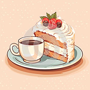 Cup of a hot coffee with a tasty delicious peace of a bithday cake. Sweet bakery and hot beverage. Yummy pie. Isolated vector in