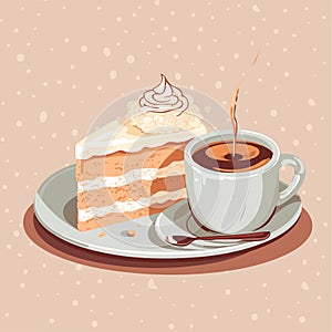 Cup of a hot coffee with a tasty delicious peace of a bithday cake. Sweet bakery and hot beverage. Yummy pie. Isolated vector in