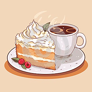 Cup of a hot coffee with a tasty delicious peace of a bithday cake. Sweet bakery and hot beverage. Yummy pie. Isolated vector in