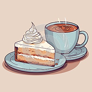 Cup of a hot coffee with a tasty delicious peace of a bithday cake. Sweet bakery and hot beverage. Yummy pie. Isolated vector in