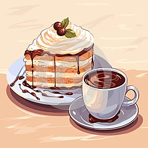 Cup of a hot coffee with a tasty delicious peace of a bithday cake. Sweet bakery and hot beverage. Yummy pie. Isolated vector in