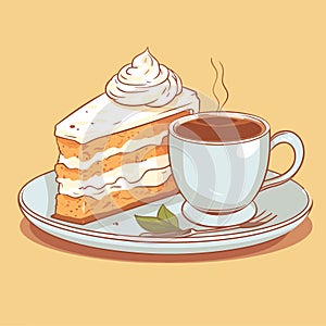 Cup of a hot coffee with a tasty delicious peace of a bithday cake. Sweet bakery and hot beverage. Yummy pie. Isolated vector in