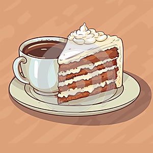 Cup of a hot coffee with a tasty delicious peace of a bithday cake. Sweet bakery and hot beverage. Yummy pie. Isolated vector in