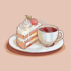 Cup of a hot coffee with a tasty delicious peace of a bithday cake. Sweet bakery and hot beverage. Yummy pie. Isolated vector in