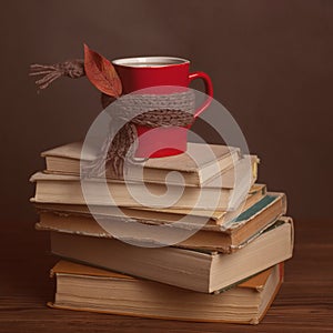 Cup hot coffee or tea, cocoa, chocolate coered scarf and book on wooden table, toned photo. Autumn concept stack of books, coffee
