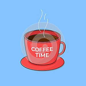 A cup of hot coffee with coffee time text on the glass mug vector outline illustration design