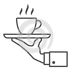 Cup of hot coffee on tray and hand thin line icon, catering business concept, service vector sign on white background