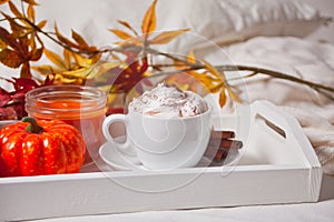 Cup of hot creamy cocoa with froth on the white tray with autumn leaves and pumpkins on the background