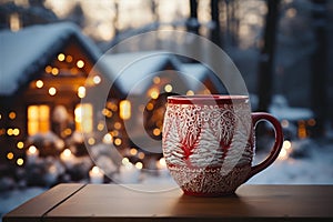 A Cup of hot drink on wooden table. Street coffee shop. Christmas winter atmosphere. A mug of tea or mulled wine.