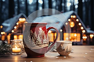 A Cup of hot drink on wooden table. Street coffee shop. Christmas winter atmosphere. A mug of tea or mulled wine.