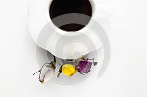 A cup of hot fresh black coffee with foam on a white background. Coffee cup on a round saucer centered inside the frame. Top view