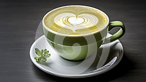 cup of hot green tea with heart shaped, dark background