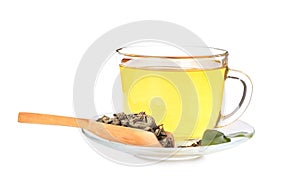 Cup of hot green tea on white background