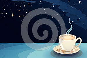 cup of hot milk or tea, coffee over night sky. good sleeping concept. Cartoon flat illustration. empty space