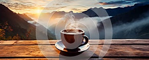 A cup of hot morning coffee with steam on a wooden table against a background of sunrise scene in the mountains.