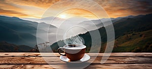 A cup of hot morning coffee with steam on a wooden table against a background of sunrise scene in the mountains.