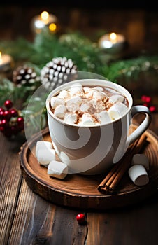 Cup of hot New Year\'s cocoa with marshmallows by Generative AI