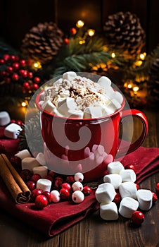 Cup of hot New Year\'s cocoa with marshmallows by Generative AI