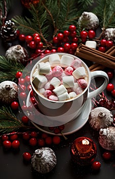 Cup of hot New Year\'s cocoa with marshmallows by Generative AI