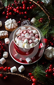 Cup of hot New Year\'s cocoa with marshmallows by Generative AI