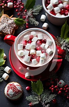 Cup of hot New Year\'s cocoa with marshmallows by Generative AI