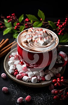 Cup of hot New Year\'s cocoa with marshmallows by Generative AI