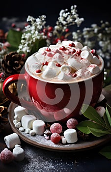 Cup of hot New Year\'s cocoa with marshmallows by Generative AI