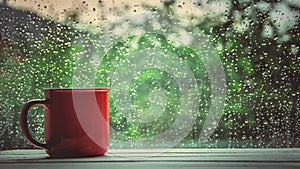 A cup of hot tea in the background rain outside the window.