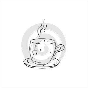 A Cup of hot tea with a tea bag. Doodle element. Simple vector sketch illustration isolated on a white background