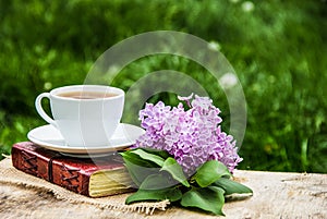 Cup of hot tea, book and branch of lilac. Tea in the spring garden. Home cosiness.