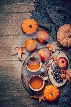 Cup of hot tea with pumpkins and autumn fruits. Happy Thanksgiving and Hello fall concept