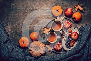 Cup of hot tea with pumpkins and autumn fruits. Happy Thanksgiving and Hello fall concept