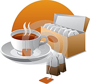 A cup of hot tea with teabag, herbal black or green tea package, Tea bag in white cup, Teabag in container icon 3D