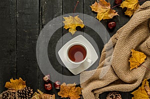 Cup of hot tea, warm knitted blanket, autumn leaves. Fall flat lay composition with copy space.