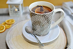 A cup of hot tea in winter