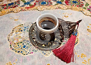 A cup of hot Turkish coffee style